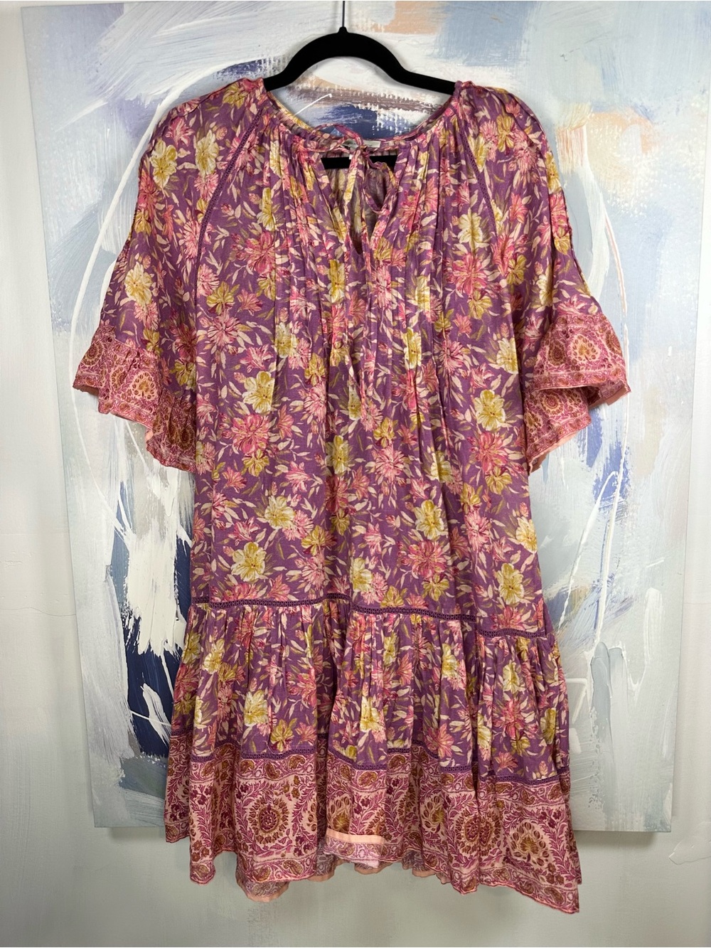 Sundance Floral Boho Tiered Dress Purple Paisley Short Sleeve Mini Size S